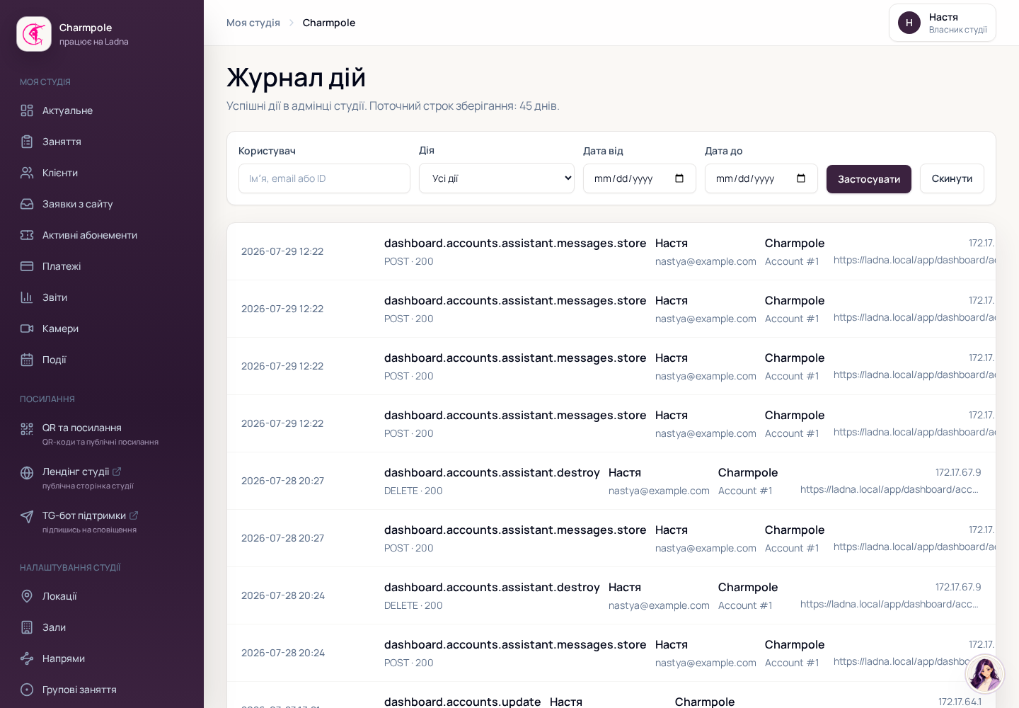 Журнал дій студії в Ladna