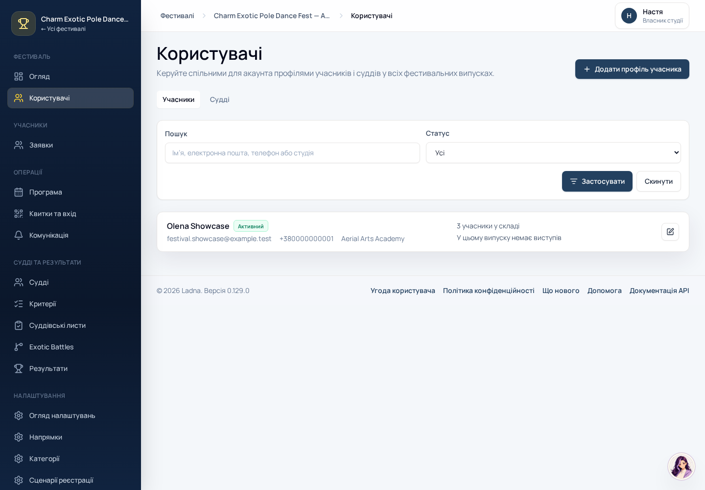 Користувачі фестивалю з вкладками учасників, суддів і гостей