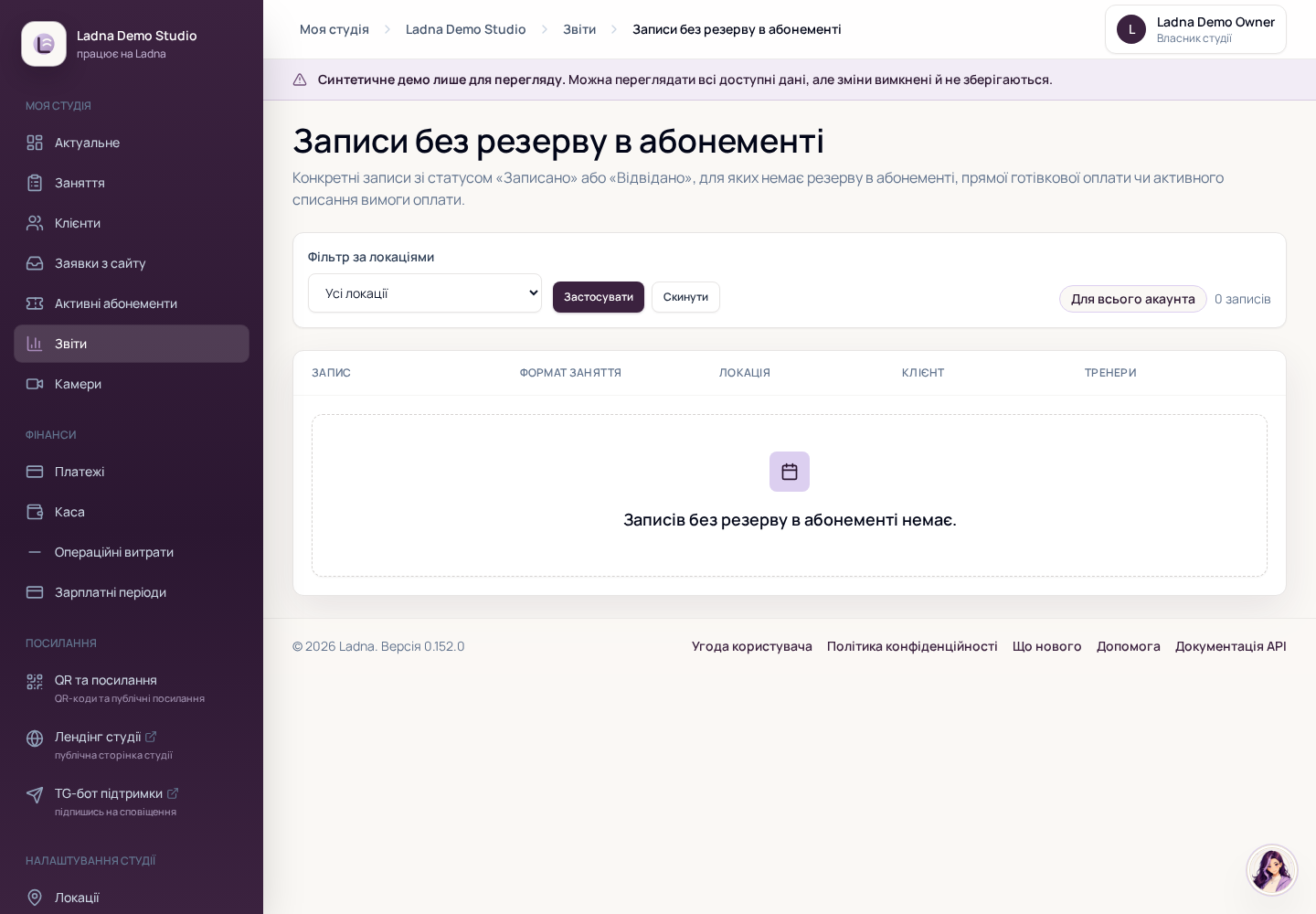 Звіт записів без резерву в абонементі у Ladna